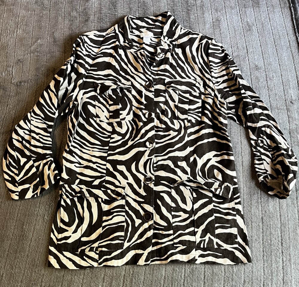 Chicos Sz 0 Small Linen Jacket Womens Brown White Zebra Print Pockets 3/4 Sleeve
